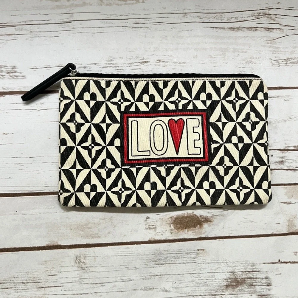 Brighton LOVE Pouch Black White Geometric Heart Canvas Cosmetic Bag OS